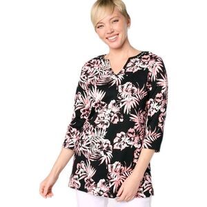 Quacker Factory Top Womens 2X Black Pink Sparkle Shine Tropical Bliss Knit